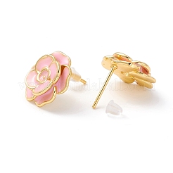 女性用フラワーエナメルスタッドピアス  18KGP本金メッキ真鍮イヤリング  カドミウムフリー＆鉛フリー  ピンク  15x4mm  ピン：1mm&nbsp;EJEW-I684-07G-01-RS