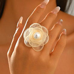 シフォン素材にプラスチックパールの指輪が付いた女性用指輪  花  ホワイト  16~18mm&nbsp;XQ9924-3