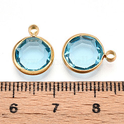 K9ガラスチャーム  フラットラウンド  真鍮パーツ  多面カット  18KGP本金メッキ  空色  13.5~14x10.5~11x3.5~4mm  穴：1.8mm&nbsp;GLAA-T023-37A-05