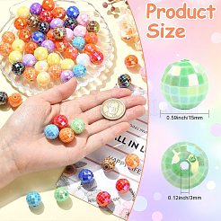 UVメッキ不透明アクリルビーズ100個。  虹色の  ラウンド  多面カット  ミックスカラー  15mm  穴：3mm&nbsp;MACR-CJ0002-48