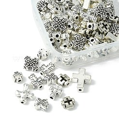80個8スタイルチベットスタイルアロイビーズ  クロス  アンティークシルバー  8~14x6.5~12x3~5mm  穴：1.5~2mm  10個/スタイル&nbsp;TIBEB-YW0001-15