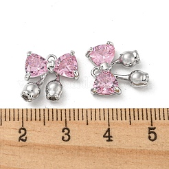 ラックメッキ真鍮チャーム  パールピンクガラスで  ちょう結びのチャーム  プラチナメッキ  14x13x4mm  穴：1.4mm&nbsp;KK-H460-56P-02