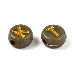 メッキアクリルビーズ  メタルエンレース付き  アルファベット付きフラットラウンド  ダークカーキ  7x4mm  穴：1.6mm  約3330個/500g&nbsp;PACR-T017-02C