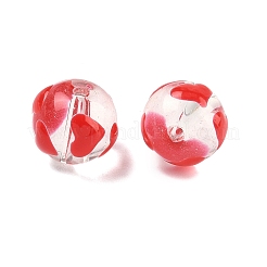 透明なガラスエナメルビーズ  手描きのビーズ  ハート付きのラウンド  レッド  12.5mm  穴：1.8mm&nbsp;GLAA-P078-01A-09
