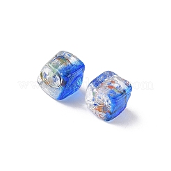 焼き絵の具、手作りの金砂、ランプワークビーズ  キューブ  ブルー  8~9x9x6~7mm  穴：1.8mm&nbsp;LAMP-P072-01A-03