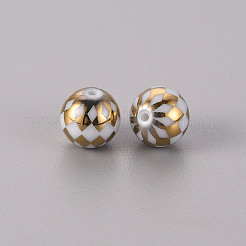 電気メッキガラスビーズ  グリッド模様とラウンド  黄金メッキ  10mm  穴：1.2mm&nbsp;EGLA-Q123-013D