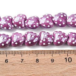 手作りの陶器ビーズ  ハートの水玉模様  光沢釉の磁器  オールドローズ  10x10x7mm  穴：1.8mm  約40個/連  14.37''（36.5センチメートル）&nbsp;PORC-K010-07C