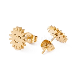 304ステンレススチール製太陽と笑顔のスタッドピアス（女性用）  ゴールドカラー  9.5x10mm  ピン：0.8mm&nbsp;EJEW-E163-06G
