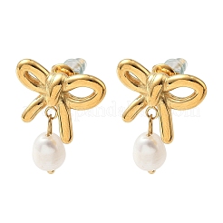 女性用304ステンレススチールダングルスタッドピアス  樹脂ビーズで  蝶結び  18KGP本金メッキ  26.5x20mm&nbsp;EJEW-F414-01G