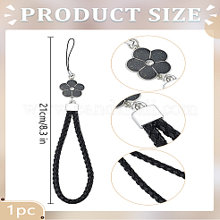 PUレザー編みリストストラップハンドモバイルストラップ1個  合金パーツ  花  ブラック  21~21.5cm&nbsp;AJEW-LP0005-04A