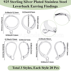 60個 3スタイル 304ステンレススチール フレンチフックピアス金具  カン付き  銀  14.5~16.5x10~12.5x1.5~2mm  ピン：0.8~1mm  20個/スタイル&nbsp;STAS-BBC0008-30B