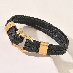 編み込みマイクロファイバーレザーコードダブルブレスレット  男性用304ステンレススチールブレスレット  マグネットクラスプ付き  ブラック  8.66インチ（22cm）  14.5 mm幅&nbsp;BJEW-C153-01C