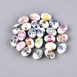 印刷された手作りの磁器のビーズ  ファミーユは磁器バラ  花柄とバレル  ミックスカラー  15~16x11~12mm  穴：3mm&nbsp;PORC-Q007-13B