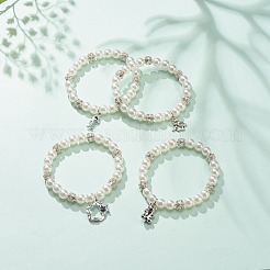 Abs プラスチック模造真珠 & ラインストーン ビーズ ストレッチ ブレスレット女性のための合金の魅力  ホワイト  混合模様  ペンダント：17~20x14~18x1.5~2mm  内径：2-1/8インチ（5.3cm）&nbsp;BJEW-JB08526