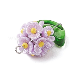 ガラスシードビーズの花のペンダント  樹脂と真鍮の金具付き  ライラック  25x14x13mm  穴：3x2.5mm&nbsp;X1-PALLOY-MZ00521-04