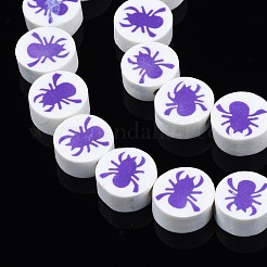 手作り樹脂粘土ビーズ連売り  ハロウィンスタイル  クモとフラットラウンド  青紫色  9~10x4.5mm  穴：1.4mm  約38個/連  14.17インチ（36cm）&nbsp;X-CLAY-S096-037