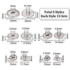 75セット5スタイル202ステンレススチールスナップボタン  衣服のボタン  ミシンアクセサリー  ステンレス鋼色  10~23x3.5~6mm  15セット/スタイル&nbsp;BUTT-UN0001-20