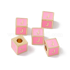 メッキ真鍮エナメルビーズラック  カドミウムフリー＆ニッケルフリー＆鉛フリー  18KGP本金メッキ  文字付きのキューブ  パールピンク  文字.j  6x6x6mm  穴：2.5mm&nbsp;KK-B060-04G-05J