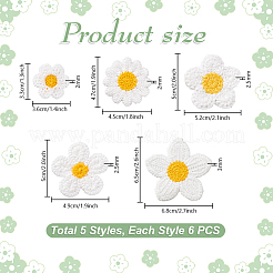 30個5スタイルの装飾アクセサリー  手編みのポリエステルの花  ホワイト  36~65x33~68x2~3mm  6個/スタイル&nbsp;PATC-PH0001-37