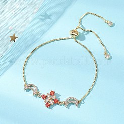 調節可能な真鍮製スライダーリンクブレスレット  花  真鍮パヴェキュービックジルコニアチャーム付き  ゴールドカラー  10.51インチ（26.7cm）&nbsp;BJEW-JB13037