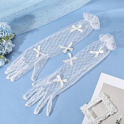 リボン結びのポリエステル製ロングレース手袋  結婚式の花嫁用品用  ベージュ  400x110x3.5mm&nbsp;AJEW-WH20007-92B