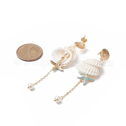 天然スパイラルシェル＆シェルパール ダングルスタッドピアス  女性用真鍮ヒトデタッセルイヤリング  ゴールドカラー  87mm  ピン：1mm&nbsp;EJEW-TA00220