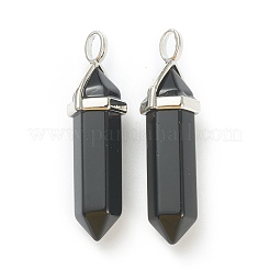 天然オブシディアンの尖ったペンダント  プラチナトーンの真鍮パーツ  弾丸  39.5x12x11.5mm  穴：4.5x2.8mm&nbsp;G-M378-01P-A17