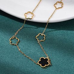 イオンプレーティング（IP）304ステンレススチール＆プラスチックフラワーペンダントネックレス（女性用）  18KGP本金メッキ  ブラック  16.61インチ（42.2cm）&nbsp;NJEW-P320-02G-03