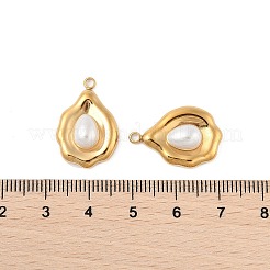 304ステンレスペンダント  ABS模造パールビーズ付き  ティアドロップチャーム  18KGP本金メッキ  PVD真空メッキ  ホワイト  22x14.5x5mm  穴：1.8mm&nbsp;STAS-P380-72G