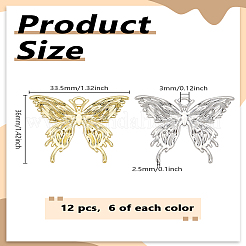 12 個 2 色ラックメッキ合金ペンダント  蝶  プラチナ·ゴールデン  33.5x36x2.5mm  穴：3mm  6個/カラー&nbsp;FIND-LP0005-07
