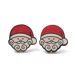 クリスマスプリントの木製スタッドピアス  女性用316ステンレスピン付き  サンタクロース  23x24mm  ピン：0.7mm&nbsp;LS-EJEW-D046-05