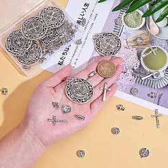 DIY ジュエリー セント ベネディクト メイキング ファインディング キット  クロス & オーバル & フラット ラウンド合金ビーズ & ペンダントを含む  アンティークシルバー  10~45x5.5~40x1.5~4mm  穴：1~3mm  70個/箱&nbsp;FIND-SZ0002-75