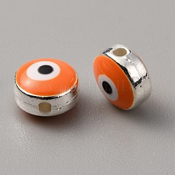 CCBプラスチックビーズ  両面エナメル付き  ナザールボンジュウ付きフラットラウンド  オレンジ  8x5mm  穴：1.5mm&nbsp;FIND-WH0038-89A-04