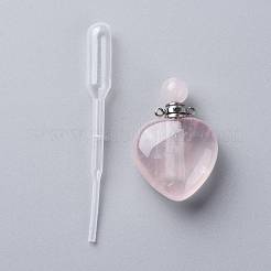 ナチュラルローズクォーツ開閉式香水瓶ペンダント  304ステンレススチール製の金具とプラスチック製のピペット付き  ハート  37.5~38x25~25.5x11~12mm  穴：1.6mm  1個/セット  容量：2.5ml（0.08液量オンス）&nbsp;G-K420-07