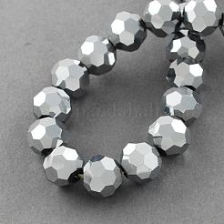 電気メッキガラスビーズ連売り  多面カット  ラウンド  銀メッキ  8x7mm  穴：1mm  約64~67個/連  18.50~19.69インチ（47~50cm）&nbsp;EGLA-R042-8mm-06