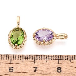 キュービックジルコニアペンダント付き真鍮  楕円形のチャーム  18KGP本金メッキ  15x8x4mm  穴：3.5mm&nbsp;KK-T073-34G