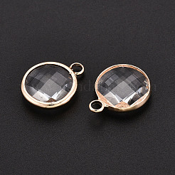 真鍮製ガラスチャーム  フラットラウンド  多面カット  透明  9.5~18x6.5~14.5x3~6mm  穴：1.8~2.2mm&nbsp;GLAA-T027-07