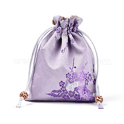 中国刺繍のサテン巾着バッグ  長方形  イヤリング、ブレスレットの包装用のギフトジュエリー包装袋  梅の花模様  ミックスカラー  15x12x0.3cm&nbsp;ABAG-N009-02A