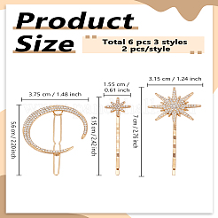 6スタイルの鉄製ラインストーンヘアピン3個。  スター/ムーン  ライトゴールド  56~70x15.5~37.5mm  2個/スタイル&nbsp;PHAR-LP0001-18