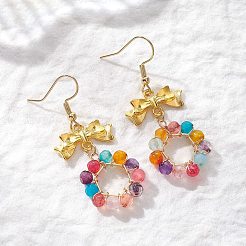 リング染め＆加熱処理された天然瑪瑙のダングルイヤリング3組の蝶結び  304ステンレススチールイヤリング金具付き  ゴールドカラー  ミックスカラー  48x20mm&nbsp;EJEW-JE06839
