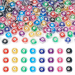 8色プリント透明アクリルビーズ240個  ナザールボンジュウ付きフラットラウンド  7x4mm  穴：1.8mm  30個/カラー&nbsp;TACR-TA0001-94