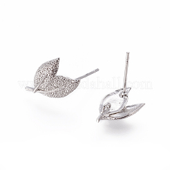 真鍮製スタッドピアスパーツ  カドミウムフリー＆ニッケルフリー＆鉛フリー  カン付き  葉  プラチナ  15x10x2mm  穴：2mm  ピン：0.5mm&nbsp;KK-F738-43P