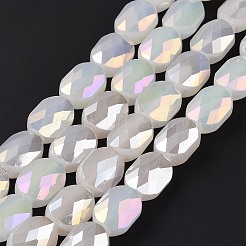 ファセット電気メッキ ガラス ビーズ 連売り  ABカラーメッキ  不透明なソリッドカラー  オーバル  ホワイト  10.5x8x5mm  穴：1.5mm  約58~60個/連  25.59インチ（65cm）&nbsp;GLAA-G092-D06