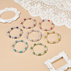 7 個 7 色猫の目 & ランプワークナザールボンジュウラウンド ビーズ ストレッチ ブレスレット  女性のためのラッキースタッカブルブレスレット.  ミックスカラー  内径：1-7/8インチ（4.8cm）  1pc /カラー&nbsp;BJEW-JB08880