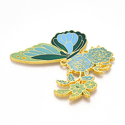 ラックメッキ合金エナメルビッグペンダント  カドミウムフリー＆ニッケルフリー＆鉛フリー  花のチャームが付いた蝶  ゴールドカラー  薄緑  56x69.5x2mm  穴：2.5mm&nbsp;LS-ENAM-N056-399E-G