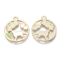 合金ペンダント  エナメル  猫の形と花の丸いリング  ゴールドカラー  カラフル  25x21.5x1.5mm  穴：2mm&nbsp;X-ENAM-S120-008