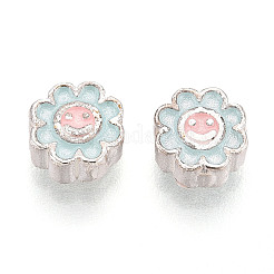 スターリングシルバーエナメルビーズ925個  笑顔の花  銀色のメッキ  ライトシアン  6x6x3mm  穴：1.2~1.4mm&nbsp;STER-T008-36A