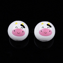 動物テーマのプリント木製ビーズ  ラウンド  牛の模様  15.5~16x15mm  穴：3.5mm&nbsp;WOOD-D006-01K