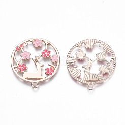 メッキ合金エナメルチャームラック  カドミウムフリー＆ニッケルフリー＆鉛フリー  ローズゴールド  花と鹿  パールピンク  33x30x1.5mm  穴：2mm&nbsp;ENAM-N055-087