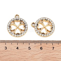 UVメッキ合金ラインストーンペンダント  フラットラウンド＆クローバーチャーム  ライトゴールド  20.5x18x2.5mm  穴：2mm&nbsp;ALRI-N058-01KCG